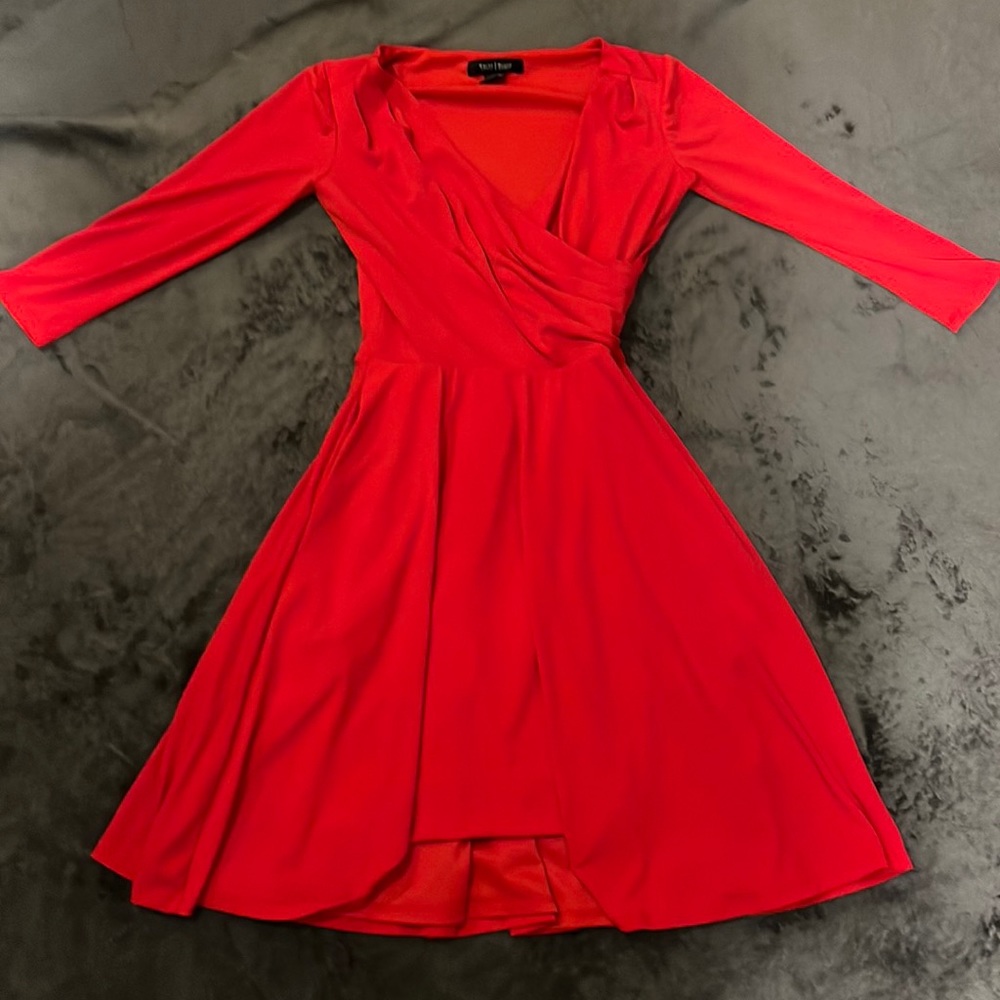 White House Black Market red dress elbow sleeved with pockets, deep v neck